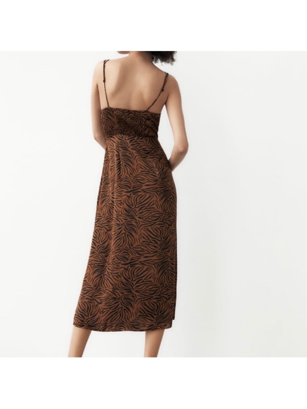 Zara Brown Animal-Print Midi Slip Dress